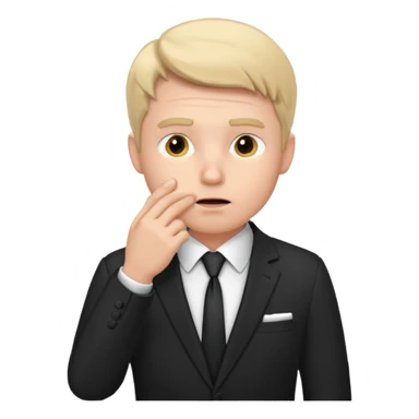 white man in formal suit thinking hard, hand to mouth sticker
