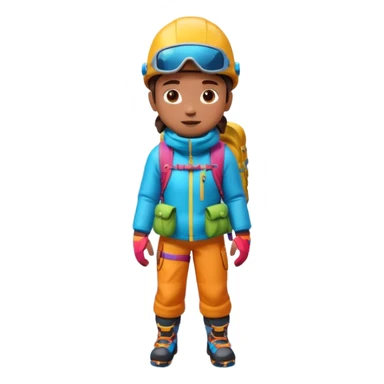 A 3D cartoon mountaineer standing on a snowy Everest-like summit with a flag, wearing colorful climbing gear, soft lighting, Memoji-style.negative : Flag sticker