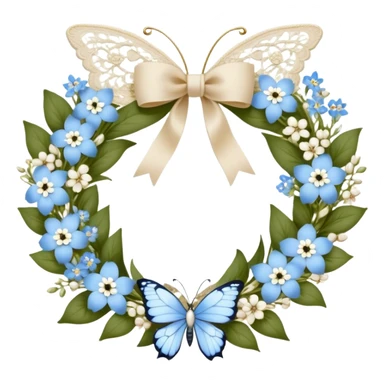 A delicate floral wreath woven from baby blue forget-me-nots and white jasmine, tied together with a velvet ribbon in creamy beige. A pearl-colored butterfly with intricate, lace-like wings rests atop the wreath, completing the picture of timeless elegance sticker