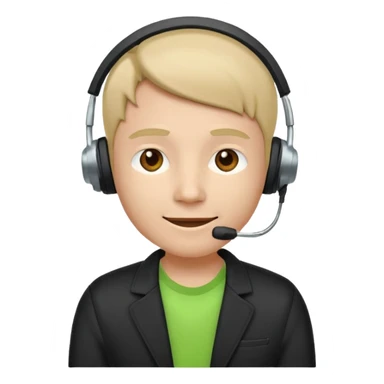 A modern flat emoji depicting a call center employee wearing a light green T-shirt and black jacket, with a headset, a friendly expression, a minimalist design, bright colors, and a white or transparent background. sticker