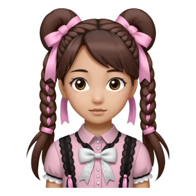 jirai kei, девушка с длинными прямыми темно каштановыми волосами и несколько розовых прядей по всей голове в разных местах, прическа два высоких хвоста заплетённые пушистыми белыми резинками. милое лицо. серо-розовая рубашка и чёрный бант, много кружев чёрного цвета sticker