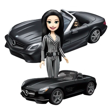 Darth Vader Barbie, 1910 teen Morticia Addams from academy, in dark-gray and black striped outfit. Smiling Driving Mercedes convertible sports car. Pale-white porcelain skin.  sticker