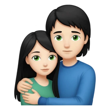 Make a couple hugging the girl is white with long black hair with blue eyes. The girl is hugging a boy with light brown short hair with green eyes. sticker