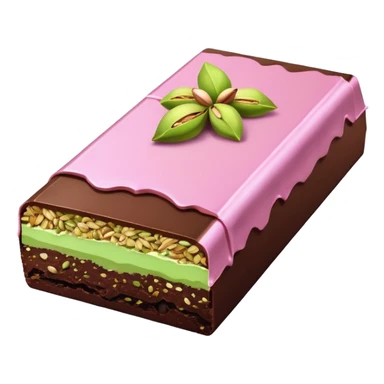 chocolate partially wrapped in elegant pastel pink foil, the top half broken to reveal rich pistachio cream and crispy kataifi strands inside, glossy chocolate surface, detailed texture sticker