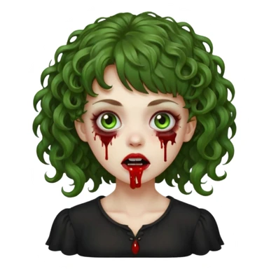 Green zombie emoji girl with curly Brown hair, with curly bangs, wearing a black bluse, blood Just in the tongue  sticker