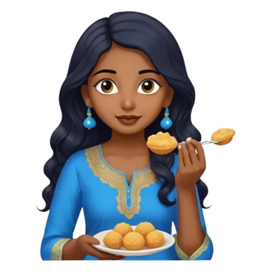 a pretty indian bratz girl with wavy long black hair. eyeliner on, wearing a blue kurti, eating golgappa sticker