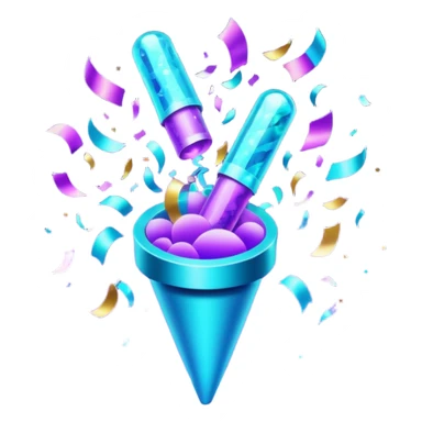 Futuristic glowing confetti popper emoji, holographic purple and cyan colors, emitting confetti and sparkles, dark background, vibrant celebration atmosphere, no face. sticker