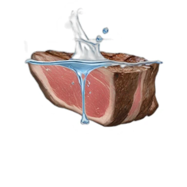 glass of water suspended horizontally in the air above a slice of rare steak on a plate, the water pouring out onto the top of the steak sticker