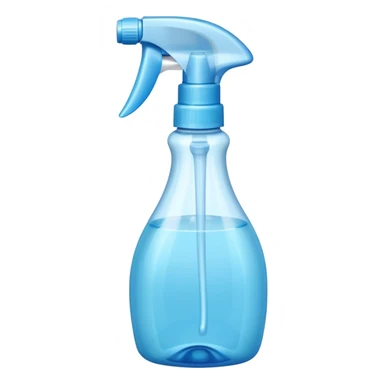 transparent plastic spray bottle filled with light blue liquid, clean trigger top, ergonomic shape, soft curves, slight shine, clarity and freshness, no label, no cloth, no window, closed spray bottle, soft lighting, subtle shadows, emoji scale sticker