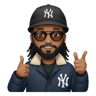 African American man with shoulder length black dreadlocks with black beard wearing  dark black sunglasses with a black bubble winter coat wearing a New York Yankees baseball cap giving the thumbs up sticker