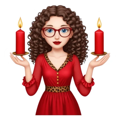 a blue eyed woman with very long brunette curly hair, full lips,and really pale skin. She is wearing a leopard printed thin round-ish glasses . She is wearing fully plain silky red dress. She is flying on the air. There are red candles in her hands. She is making a magic. sticker