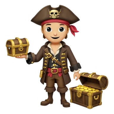 A 3D cartoon pirate character with one eye covered by a black eye patch, holding a treasure chest filled with gold coins and jewels, standing on sandy ground, wearing a pirate hat and coat, warm sunset lighting, realistic Memoji-style rendering. sticker