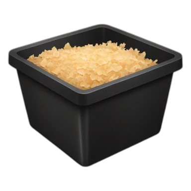 Black cubic plastic container with wood shavings inside sticker