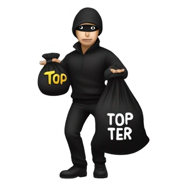Thief wearing all black clothes actively stealing a money bag with the words Top Tier embroidered on it sticker