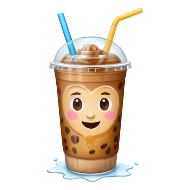 A 3D cartoon plastic cup of iced coffee with straw, clear lid, ice cubes floating, realistic condensation, bright sunlight, Memoji-style. sticker