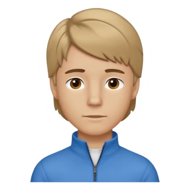 boy with dark blonde hair in a mullet to the front, with a neat blue shirt (not a t-shirt) and brown quarter zip sticker