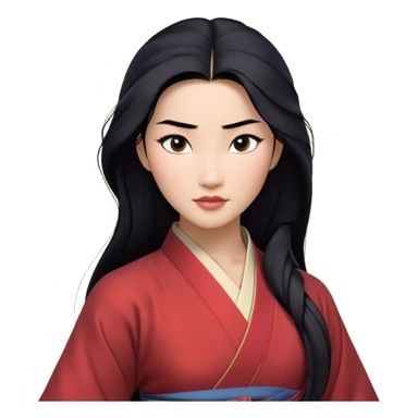 Cinematic Realistic Mulan Portrait, depicted with lifelike skin texture, soft natural lighting, and intricately detailed long black hair styled elegantly. Her deep, expressive eyes exude determination and grace, complemented by a serene yet confident expression. She is dressed in her classic attire, with rich fabric textures and delicate folds that catch the light beautifully. The portrait features a soft, enchanting glow with a natural, radiant finish, capturing the essence of timeless strength and beauty in a realistic and painterly style, evoking a sense of depth and authenticity. sticker