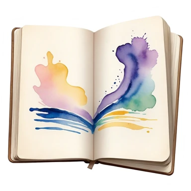 Cinematic Realistic image of an open sketchbook accompanied by a set of translucent watercolors, with delicate pigment stains and soft, flowing brushstrokes, captured under gentle, diffused lighting that highlights creative fluidity sticker