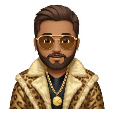 émoji homme barbu, cheveux bruns plaqués collés au crane avec raie au milieu, grosses lunettes de soleil rectangulaires à grosse branches, gros bijoux en or (chaine, montre,) manteau de fourrure très fluffy sur les épaules sourire en coin, boucles d'oreilles sticker