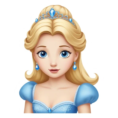 Cinematic Realistic Comical Cinderella Portrait, with every detail rendered realistically—from the soft, smooth texture of her fair skin to her artfully styled golden-blonde hair. Her bright blue eyes are wide with playful disbelief, and her expression carries a touch of whimsical humor while retaining elegant poise. Her classic ball gown, detailed with rich fabric textures and natural shadows, catches the light in a way that blends refined beauty with a hint of cheeky mischief, creating a striking, lifelike portrayal. sticker