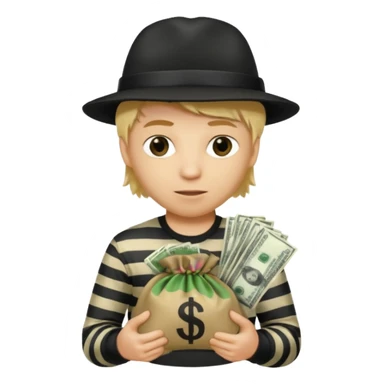 Robber with a shirt with white and black stripes holding a money bag also the robber is wearing a black robber hat and also has blond hair sticker