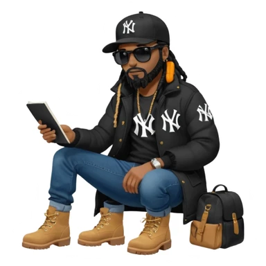 African American man with shoulder length black dreadlocks with black beard wearing black sunglasses wearing a black New York Yankees logo baseball cap wearing a black bubble winter coat with denim skinny jeans and wheat timberland boots writing a letter sticker
