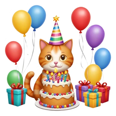 Ginger cat celebrates birthday, birthday hat, birthday cake, balloons, happy, gifts sticker