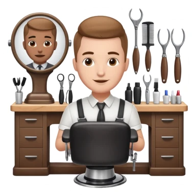 virtual assistant character in a small barber shop, friendly and helpful, surrounded by barber tools sticker