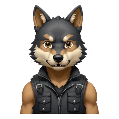 A full black anthropomorphic wolf with white marks, he is wearing a rubber like dog muzzle, and his ears are standing up with a variety of piercings. He has a black tactical vest on, and he is in a grumpy mood, his arms just hanging by his side sticker