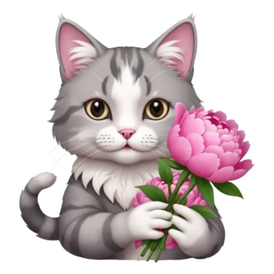 Cute cat Handing pink peonies like reaching a hand and handing them out a bouquet of them not a physical hand the cats hand  make the cat fluffy and grey and white fluffier make the cat wear a pink coquette make her wear a pink coquette make the peonies open and in boquette sticker