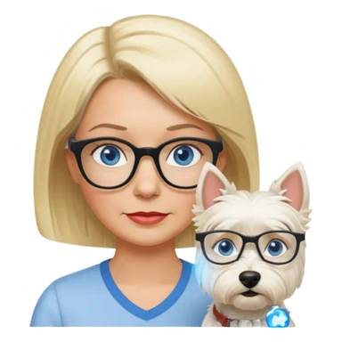 white woman blue eyes glasses middle aged blonde bob funny with westie sticker