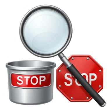 magnifying glass over a container, stop sign nearby, customs check sticker