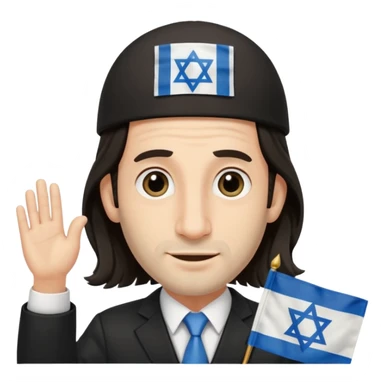 jewish jew man's face, wearing a tiny black kippah and 2 thin long hair strands near the ears, big nose, only face, no body, no mustache, holding israel flag sticker