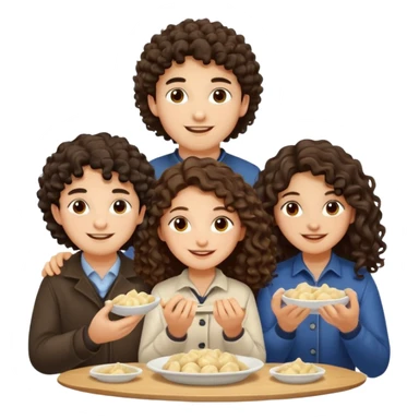 Can you create an emoji of three 23 year olds eating dumplings. One boy with wavy curly hair and one Jewish girl with long dark brown curly hair and one half Indian / half white girl with mid length dark brown hair. All brown eyes sticker