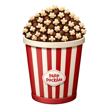 Chocolate brown popcorn in a paper jar with red and white vertical lines sticker