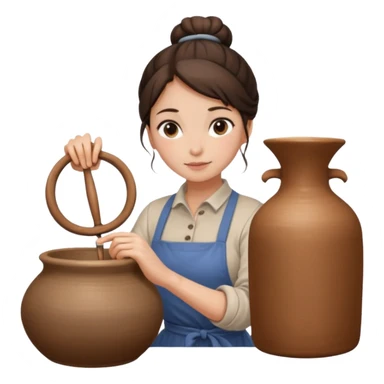 Brunette girl with a bun, behind the potter's wheel, wearing neutral clothing sticker