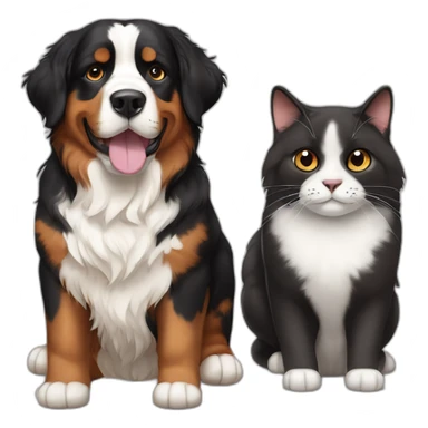 A Bernese dog next to A black and brown tortoiseshell cat without white fur sticker