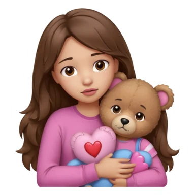 girl with long wavy brown hair, brown eyes, light to medium complexion, in a pink shirt, pink lips, long lashes, sad, hugging squeezing a teddy bear with bandaid hearts sticker