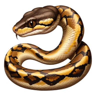 A photo-realistic digital illustration of a Ball Python, large headshot portrait. The snake has a short, rounded snout, smooth contours, and a calm, curious expression. Its head is warm brown with bold, irregular dark markings, including the signature “alien-head” pattern.  sticker
