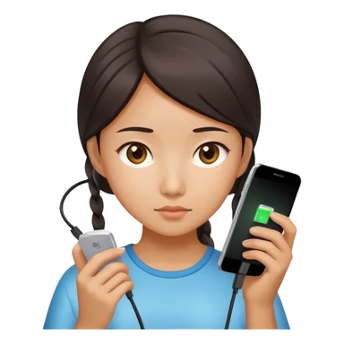  A chinese girl looking at a phone with charging cable sticker