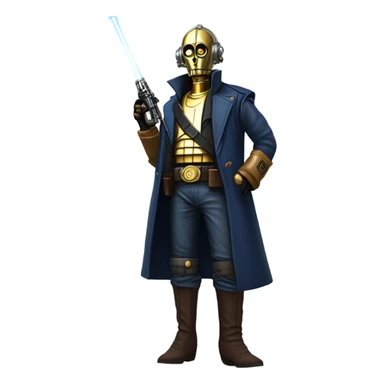 bounty hunter tarnished undercover tough well-equipped Jedi  life-sized darkblue-pearl C3po leather vest clothing pants and vest old west duster coat holding light saber sheriff holstered gun sticker