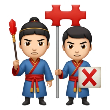 qing empire man who is of han ethnicity who looks angry that is holding a sign that has a red x on it to another man who is not han ethnicity who looks sad sticker