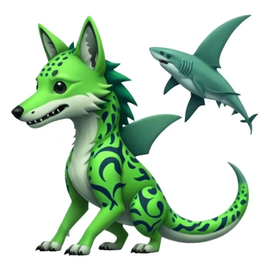 Edgy cool badass Neon-green landhai-sergal-dingo-hyena-wolf-raptor, with a shark tail, with black and dark-green swirly patterns markings sticker