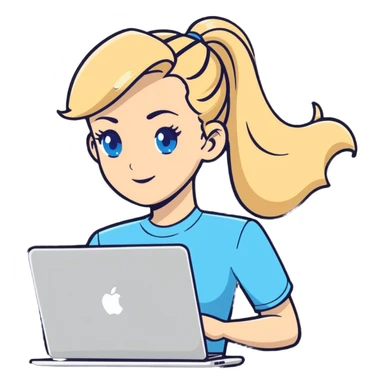 Blonde woman ponytail blue eyes with MacBook sticker
