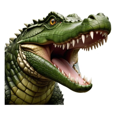 Cinematic Realistic Noble Crocodile Portrait Emoji, Poised and formidable, with a massive, muscular build and a rugged, intricately textured scaly hide in deep olive-green with natural camouflaged patterns, a powerful, fearsome jaw and piercing, ancient eyes rendered in lifelike detail, high shine, intelligent and imposing, styled with an air of primal authority, focused and attentive, soft glowing outline, capturing the essence of a watchful and confident crocodile that appears ready to surge out of the screen with effortless power! sticker