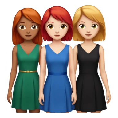 Can you create an image of 3 friends together one with red bright hair light skin one the other with brown hair with some blonde highlights in the hair fair skin the last one with light brown a tint of orange hair and black long hair with brown with dresses sticker
