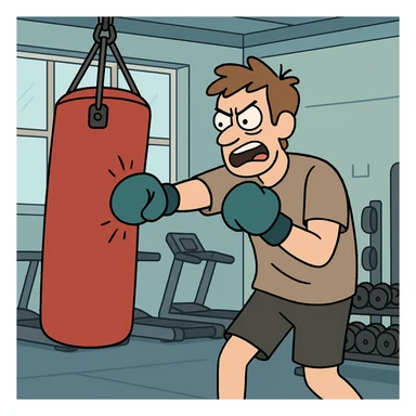 Hit a punching bag – to punch a padded bag for exercise or stress relief.
He went to the gym to hit a punching bag and blow off steam. Background Gym
 sticker