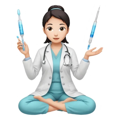 emoji of an asian woman with a single bun in a white lab coat sitting cross legged with micropipettes levitating above each hand. the tips should be pointing away from her and she should not be wearing a stethoscope sticker