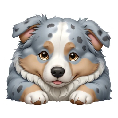Cinematic Meme-Worthy Chubby Sleeping Blue Merle Australian Shepherd Portrait Emoji, Head resting peacefully with a contented smile, showcasing a delightfully chubby build and a luxuriously soft blue merle coat with striking white accents, eyes shut in a serene nap, Simplified yet hilariously adorable features, highly detailed, glowing with a soft, drowsy light, high shine, relaxed and utterly lovable, stylized with an air of playful laziness, bright and heartwarming, soft glowing outline, capturing the essence of a comically sleepy Blue Merle Australian Shepherd, so meme-worthy it feels like it could instantly become the next viral sensation of adorable slumber! sticker