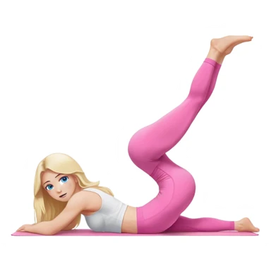 A cinematically realistic blonde with long hair and blue eyes, dressed in a white top and pink leggings, does a glute bridge exercise sticker